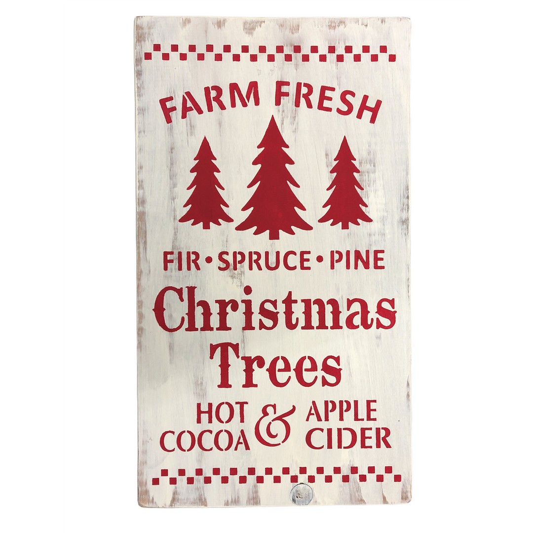 Farm Fresh Christmas Trees, Wooden Sign Red On White, Made In USA