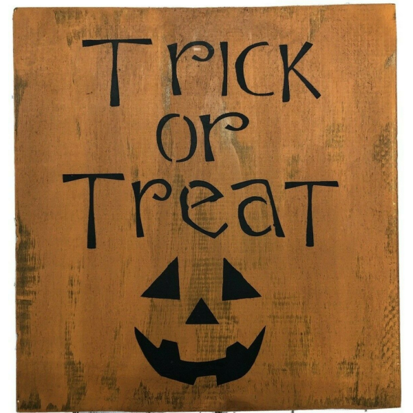 TRICK OR TREAT HANDMADE WOODEN SIGN BLACK ON ORANGE