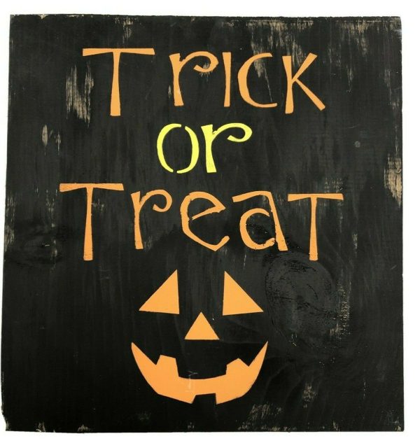 TRICK OR TREAT HANDMADE WOODEN SIGN ORANGE ON BLACK
