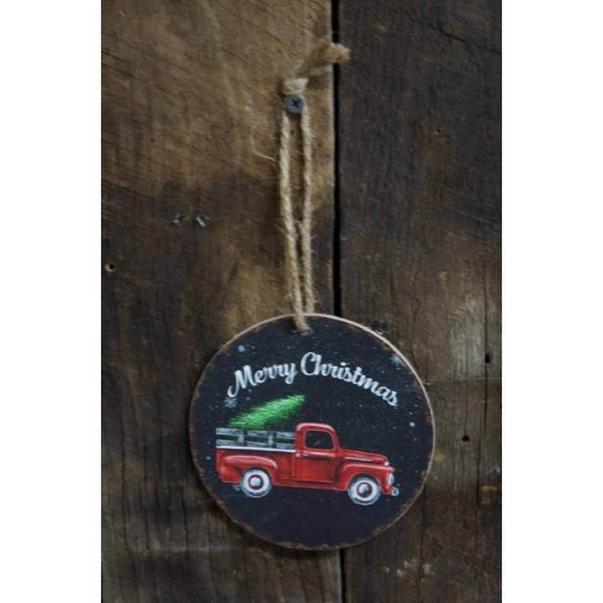 Merry Christmas Truck Round Ornament 4.75″