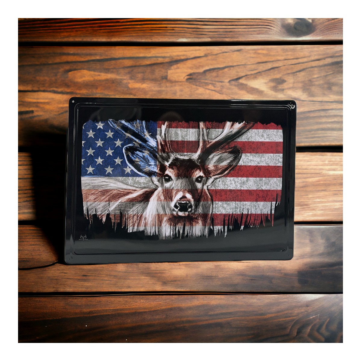 Metal Sign Buck Deer American Flag 2