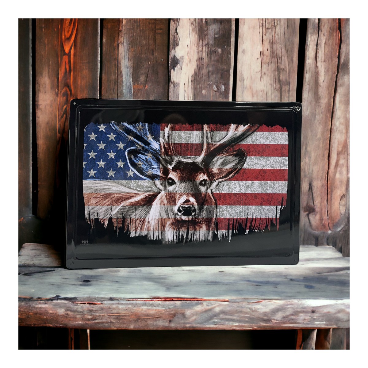 Metal Sign Buck Deer American Flag 4