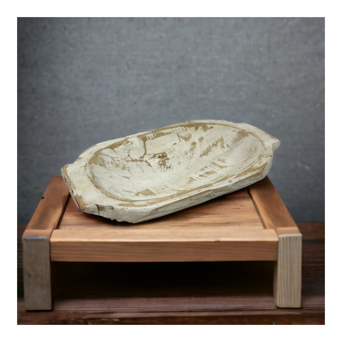 Wood Dough Bowl Small Trencher with 2 Handles White Wash Finish _c